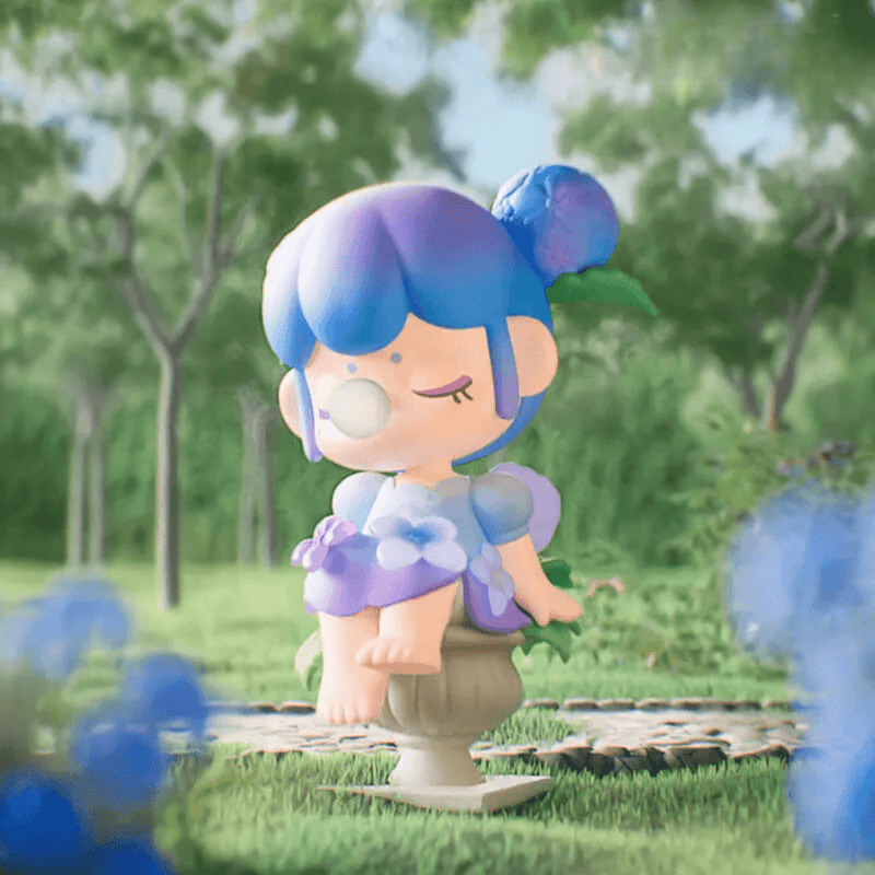 Little Pool figure, blue‑haired pixie perched on fountain bowl, Nanci Secret Garden collectable
