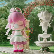 Multiflora figure, pink‑haired pixie beside cherub fountain arch, Secret Garden Blind Box series
