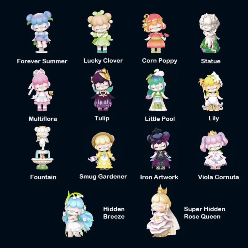 Line‑up image showing all 12 regular Nanci Secret Garden Blind Box designs plus hidden figures

