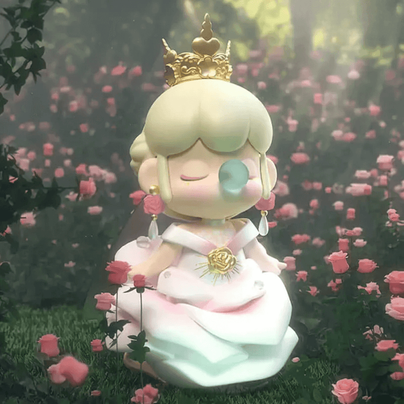 Rose Queen super‑hidden figure, crowned white‑gown pixie in rose garden
