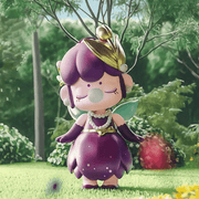 Tulip figure, deep‑purple blossom dress with pearl necklace and fairy wings
