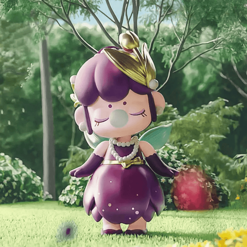 Tulip figure, deep‑purple blossom dress with pearl necklace and fairy wings
