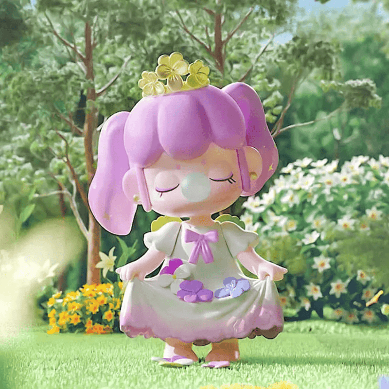 Viola Cornuta figure from Nanci Secret Garden Blind Box, lilac‑haired pixie holding gathered petals
