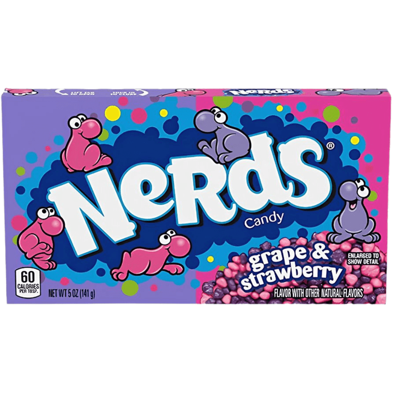 A 5 oz box of Nerds Grape & Strawberry Candy, featuring the classic blue and pink packaging with cartoon frog characters and the large white Nerds logo.
