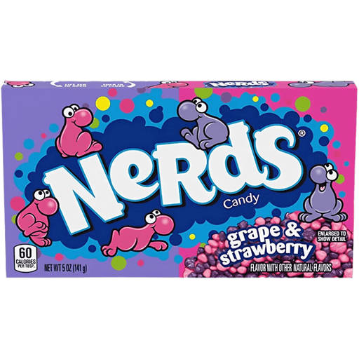 A 5 oz box of Nerds Grape & Strawberry Candy, featuring the classic blue and pink packaging with cartoon frog characters and the large white Nerds logo.