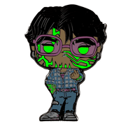 Netflix K-POP Demon Hunters glow chase enamel pin with neon green details and purple glasses