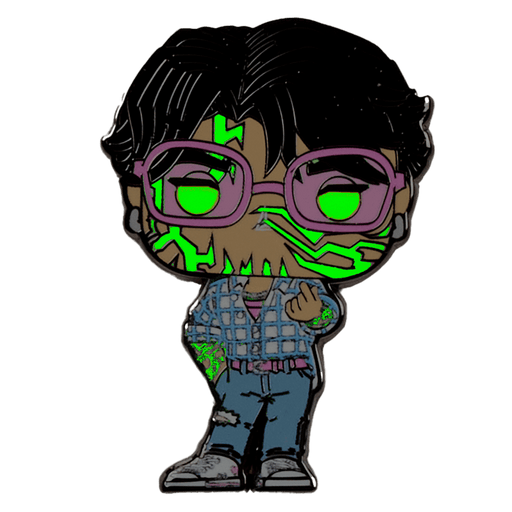 Netflix K-POP Demon Hunters glow chase enamel pin with neon green details and purple glasses