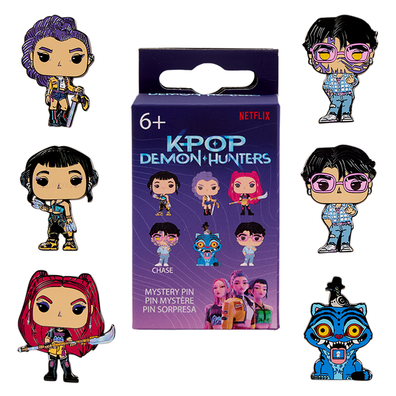 Netflix K-POP Demon Hunters mystery pin blind box with the full range of character pin designs shown