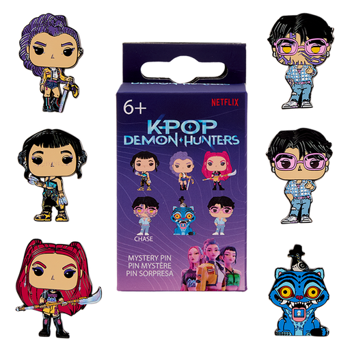 Netflix K-POP Demon Hunters mystery pin blind box with the full range of character pin designs shown