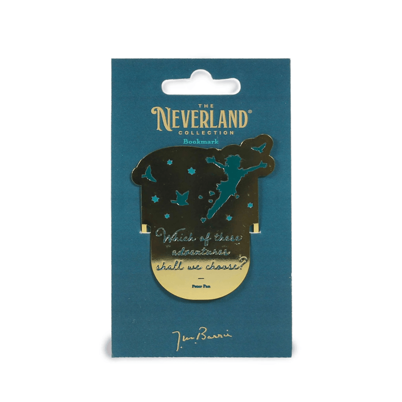 Neverland Collection brass metal bookmark displayed on branded backing card