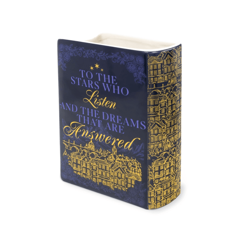 Night Court ceramic book-shaped vase showing Velaris quote artwork and gold city spine