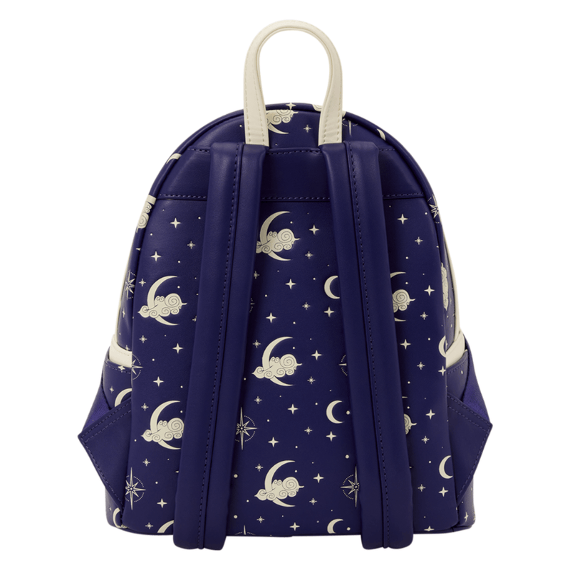 Rear of Nightmare Before Christmas Loungefly Mini Backpack with moon and star print and adjustable straps
