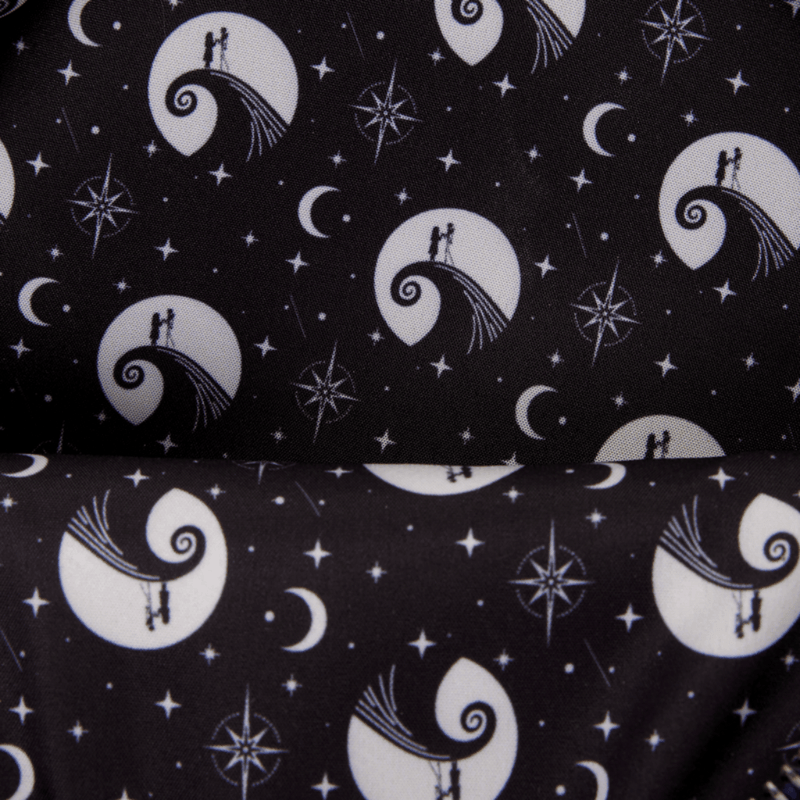 Nightmare Before Christmas Loungefly backpack interior lining with Jack and Sally moon and star pattern