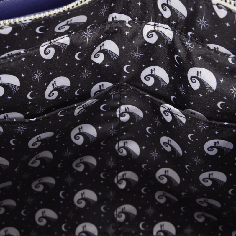 Nightmare Before Christmas Loungefly bag interior lining with Jack and Sally moon and star pattern