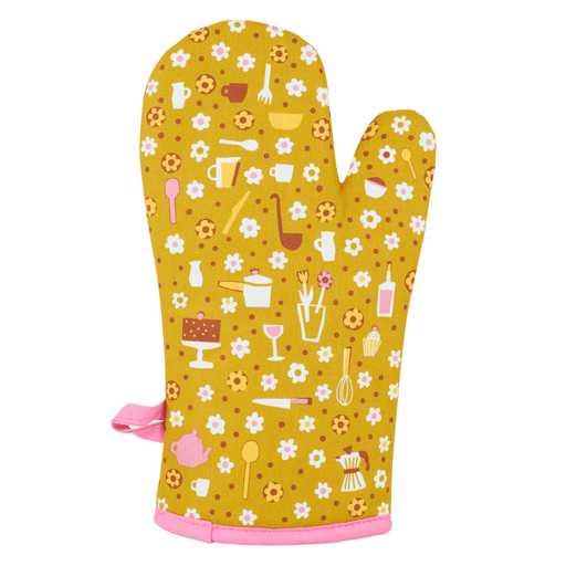 Back of mustard yellow oven mitt with pink trim and scattered kitchen icons pattern.