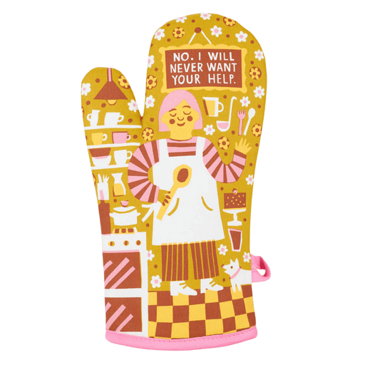 No. I Will Never Want Your Help funny oven mitt, mustard and pink kitchen illustration, front view.