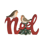 Red Noel script ornament with two robins and holly, 16 x 12 cm

