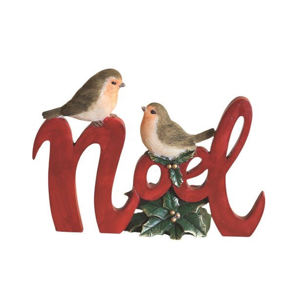 Red Noel script ornament with two robins and holly, 16 x 12 cm

