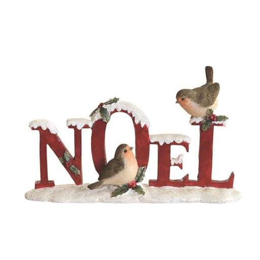 Noel sign with two robins and holly, snowy finish, 20 x 12 cm


