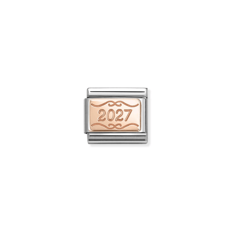 Nomination 2027 Classic Composable Link featuring a rose-gold plaque with etched year and decorative scrollwork on stainless steel.