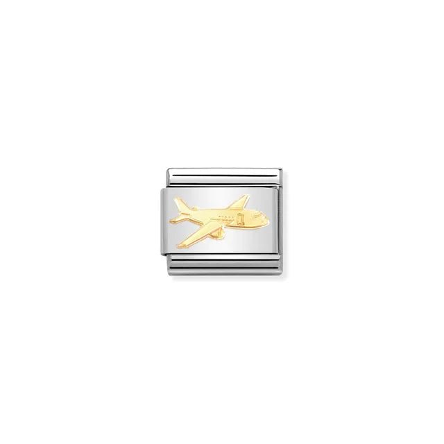 Nomination Aeroplane Classic Link charm in stainless steel with bonded yellow-gold plane motif