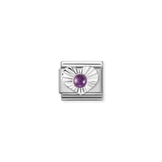 Close-up of Nomination Amethyst Heart Classic Link in stainless steel with sterling silver sunburst heart and 3mm purple amethyst cabochon