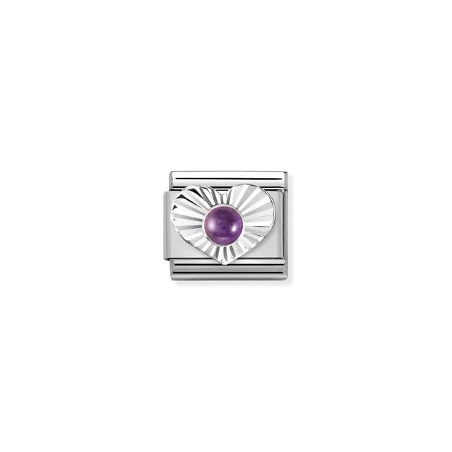 Close-up of Nomination Amethyst Heart Classic Link in stainless steel with sterling silver sunburst heart and 3mm purple amethyst cabochon