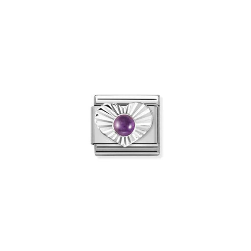 Close-up of Nomination Amethyst Heart Classic Link in stainless steel with sterling silver sunburst heart and 3mm purple amethyst cabochon