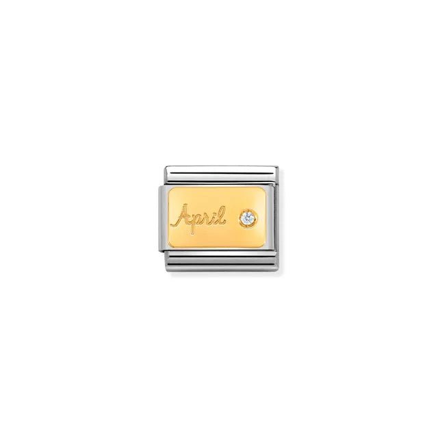 April birthstone Nomination Classic Link in yellow gold with white cubic zirconia, close-up