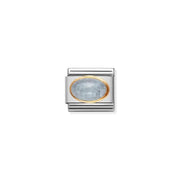 Nomination Classic Aquamarine Oval Link with yellow-gold bezel on stainless steel, close-up.