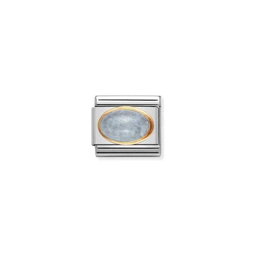 Nomination Classic Aquamarine Oval Link with yellow-gold bezel on stainless steel, close-up.