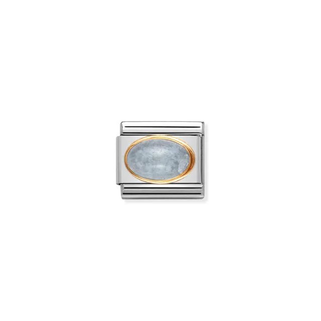 Nomination Classic Aquamarine Oval Link with yellow-gold bezel on stainless steel, close-up.