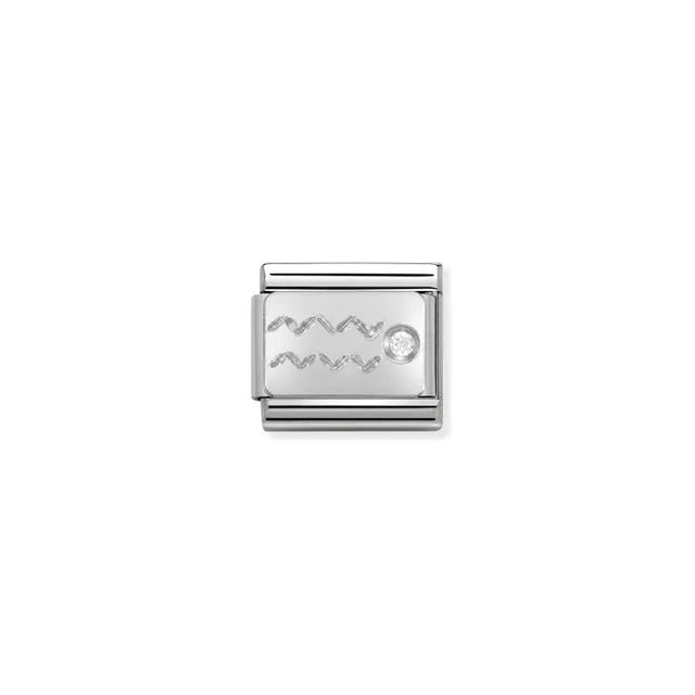 Close-up of Nomination Classic Link Aquarius zodiac charm in stainless steel with a sterling-silver symbol and white cubic zirconia, for Composable Classic bracelets.