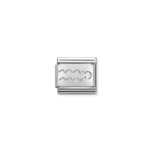 Close-up of Nomination Classic Link Aquarius zodiac charm in stainless steel with a sterling-silver symbol and white cubic zirconia, for Composable Classic bracelets.