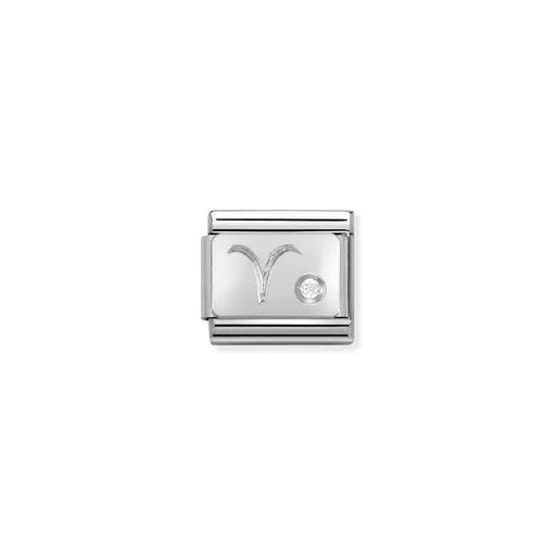 Close-up of Nomination Classic Link Aries zodiac charm in stainless steel with sterling-silver symbol and white cubic zirconia, for Composable Classic bracelets.
