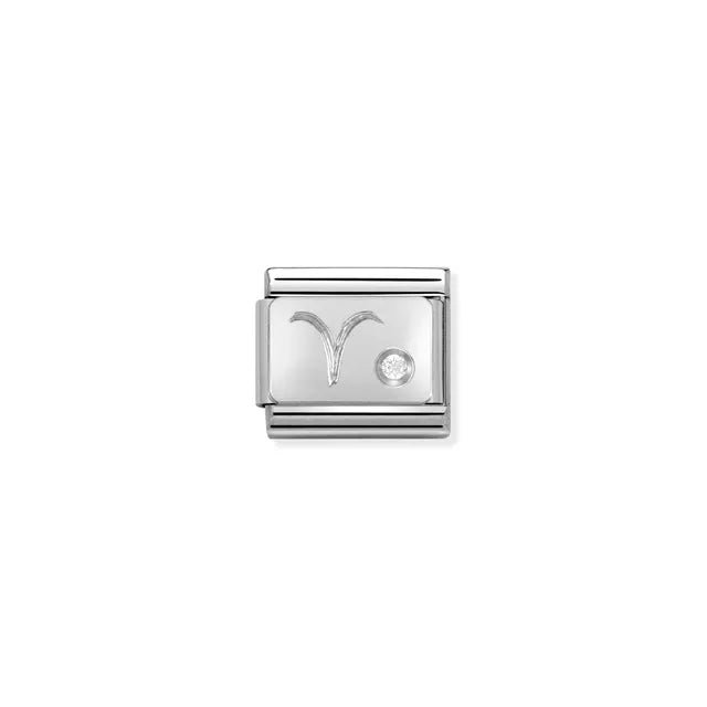 Close-up of Nomination Classic Link Aries zodiac charm in stainless steel with sterling-silver symbol and white cubic zirconia, for Composable Classic bracelets.