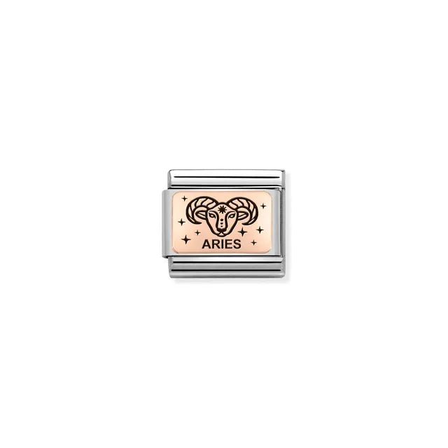 Aries zodiac Nomination Classic Link in bonded rose gold with black enamel, close-up