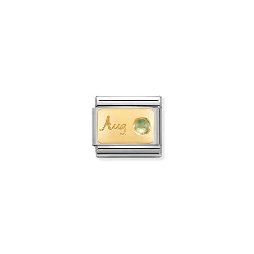 August birthstone Nomination Classic Link in yellow gold with peridot cabochon, close-up