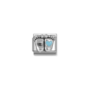 Nomination Baby Feet Classic Composable Link featuring two oxidised sterling silver footprints with a light blue enamel heart.