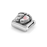 Angled view of Nomination Baby Feet Pink Heart Link showing raised silver footprints, detailed toes and pink enamel heart.