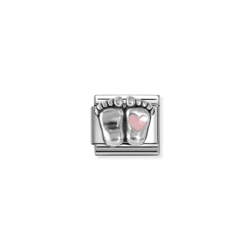 Nomination Baby Feet Classic Composable Link featuring two oxidised sterling silver footprints with a soft pink enamel heart.