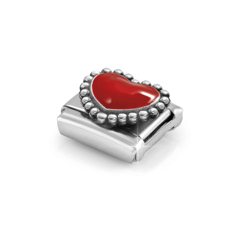 Angled view of Nomination Beaded Red Heart Classic Link with glossy red enamel and raised sterling silver beaded border.