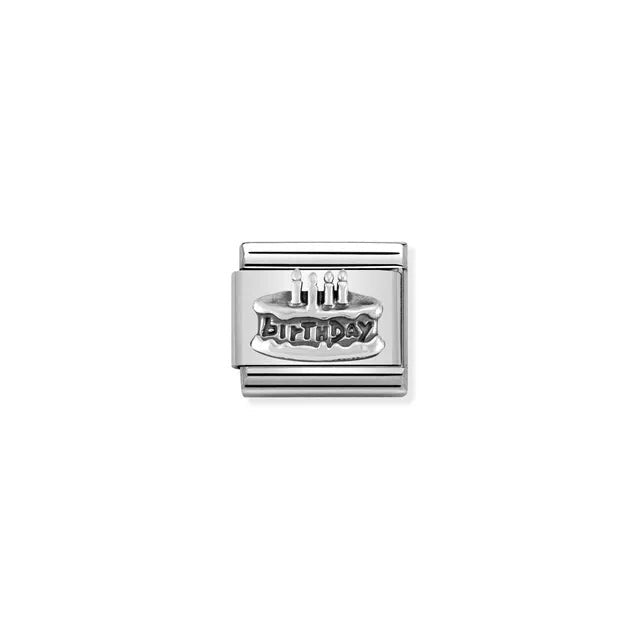 Nomination Classic link charm with birthday cake and candles in sterling silver on stainless steel