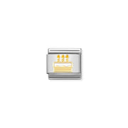 Nomination Classic Link charm with yellow-gold birthday cake and three candles in enamel on stainless steel
