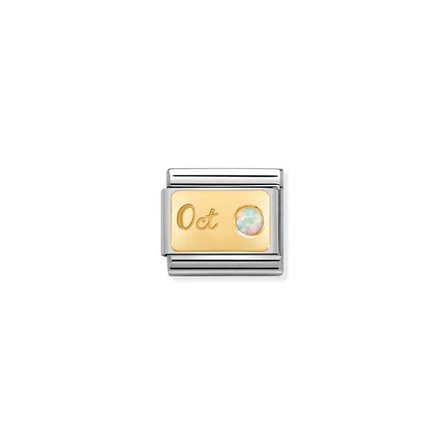 Nomination October opal birthstone Link, yellow-gold plaque on stainless steel, Classic size, close-up on white.