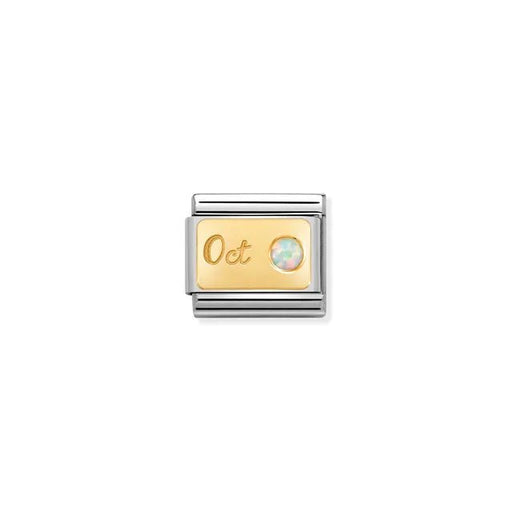 Nomination October opal birthstone Link, yellow-gold plaque on stainless steel, Classic size, close-up on white.