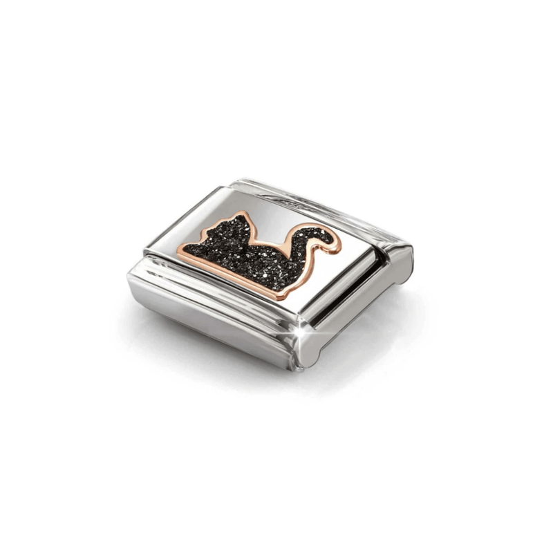 Nomination rose gold Cat Classic Link with black glitter enamel, angled view