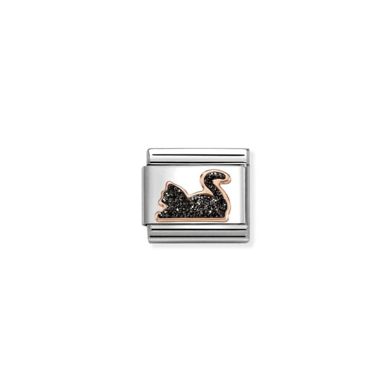 Nomination Black Glitter Cat Classic Link with rose gold outline, front view