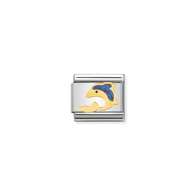 Nomination Classic Link charm with yellow-gold outlined blue enamel dolphin on stainless steel, for a Nomination Bracelet
