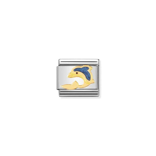 Nomination Classic Link charm with yellow-gold outlined blue enamel dolphin on stainless steel, for a Nomination Bracelet